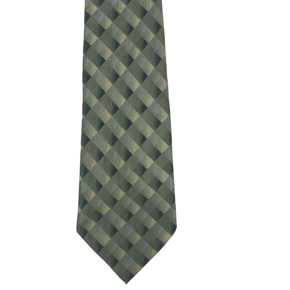 Van Heusen Stain Resistant Mens Tie Geometric Green Gold Diamond Silk Blend - Picture 2 of 6